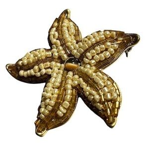 Sea Star / Starfish Brooch Gold & White Seed Beads Tiger Eye Center Stone Signed